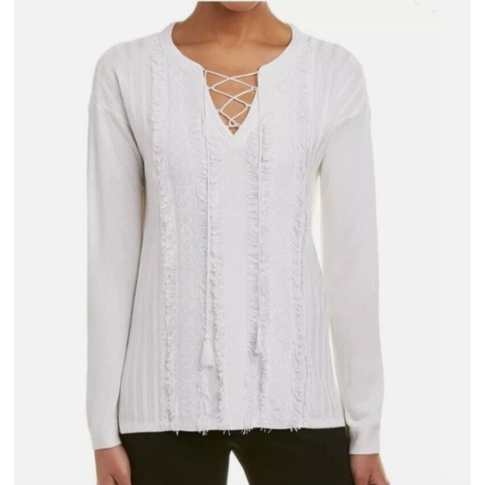 St John Sweater Womens P Ivory Fringe Tassel Wool Cashmere Blend Boho Old Money